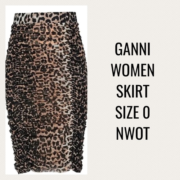 Ganni Shirred Mesh Leopard Bodycon Skirt Pull On Ruched Raw Hem Size US 0 Brown - Picture 1 of 12